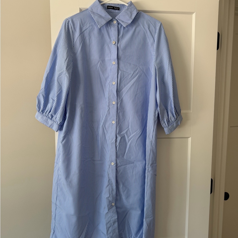 SHEIN Blue Pinstripe Long Sleeve Dress